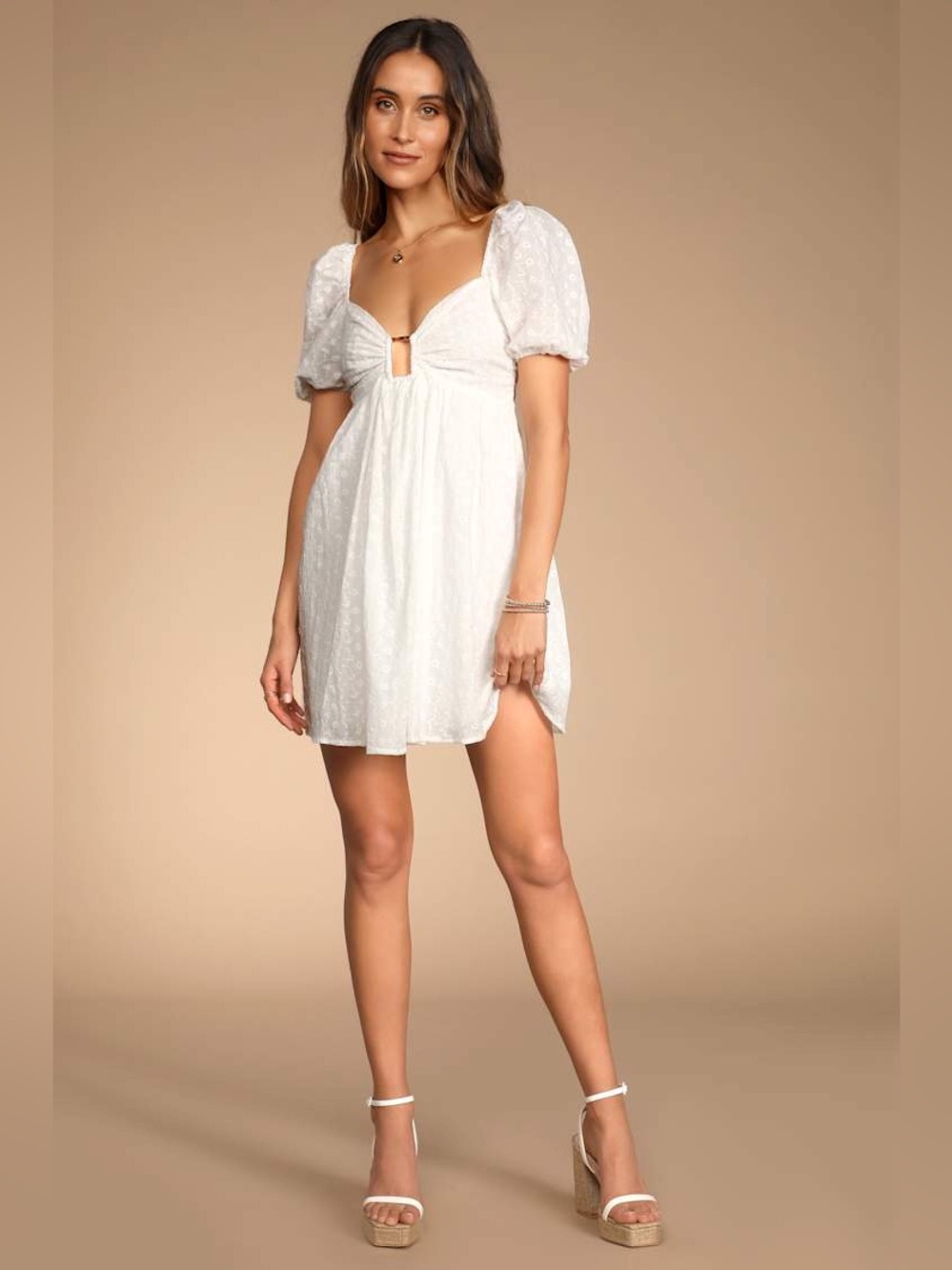 Lulu's Sunny Day Stunner White Eyelet Embroidered Babydoll Dress - Size M